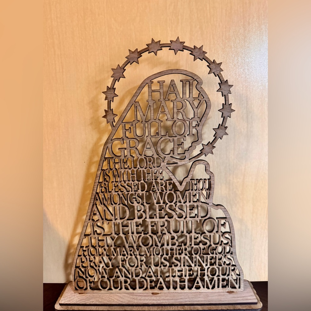 Handmade by me wooden Hail Mary Prayer in the shape of Mother Mary